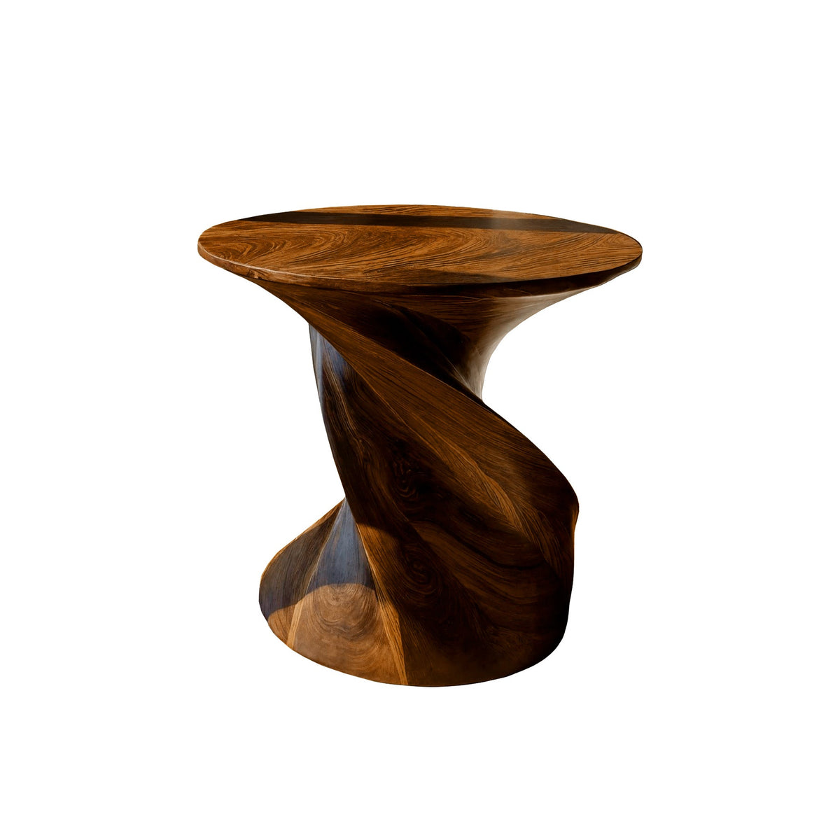 Twisted Pedestal Solid Wood Side Table with Round Top in Brown finish