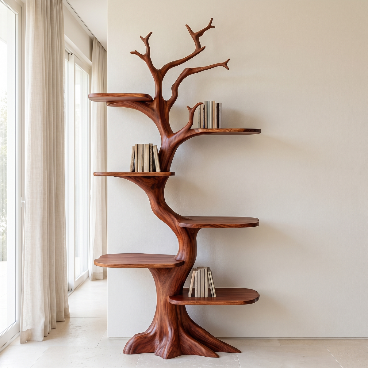 Tall Solid Hardwood Tree Bookshelf with Branch Display Shelves in Mahogany finish