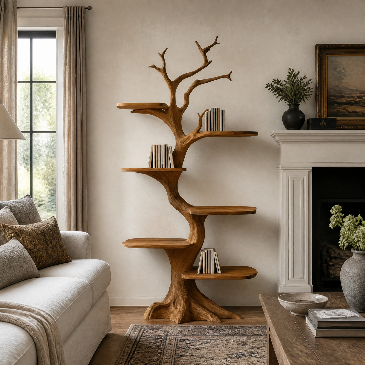 Tall Solid Hardwood Tree Bookshelf with Branch Display Shelves in Teak finish