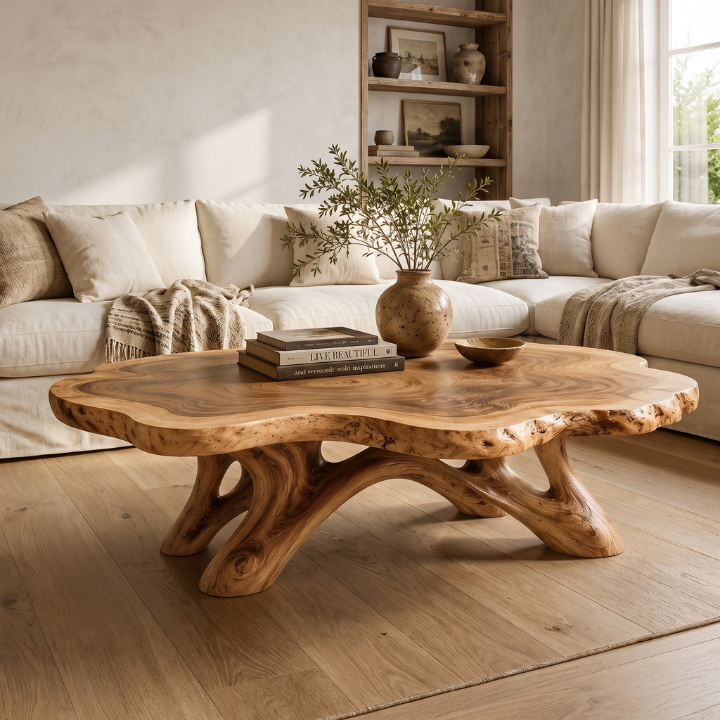 Solid Hardwood Coffee Table with Natural Edge Top and Arched Root Base in Natural Oak finish