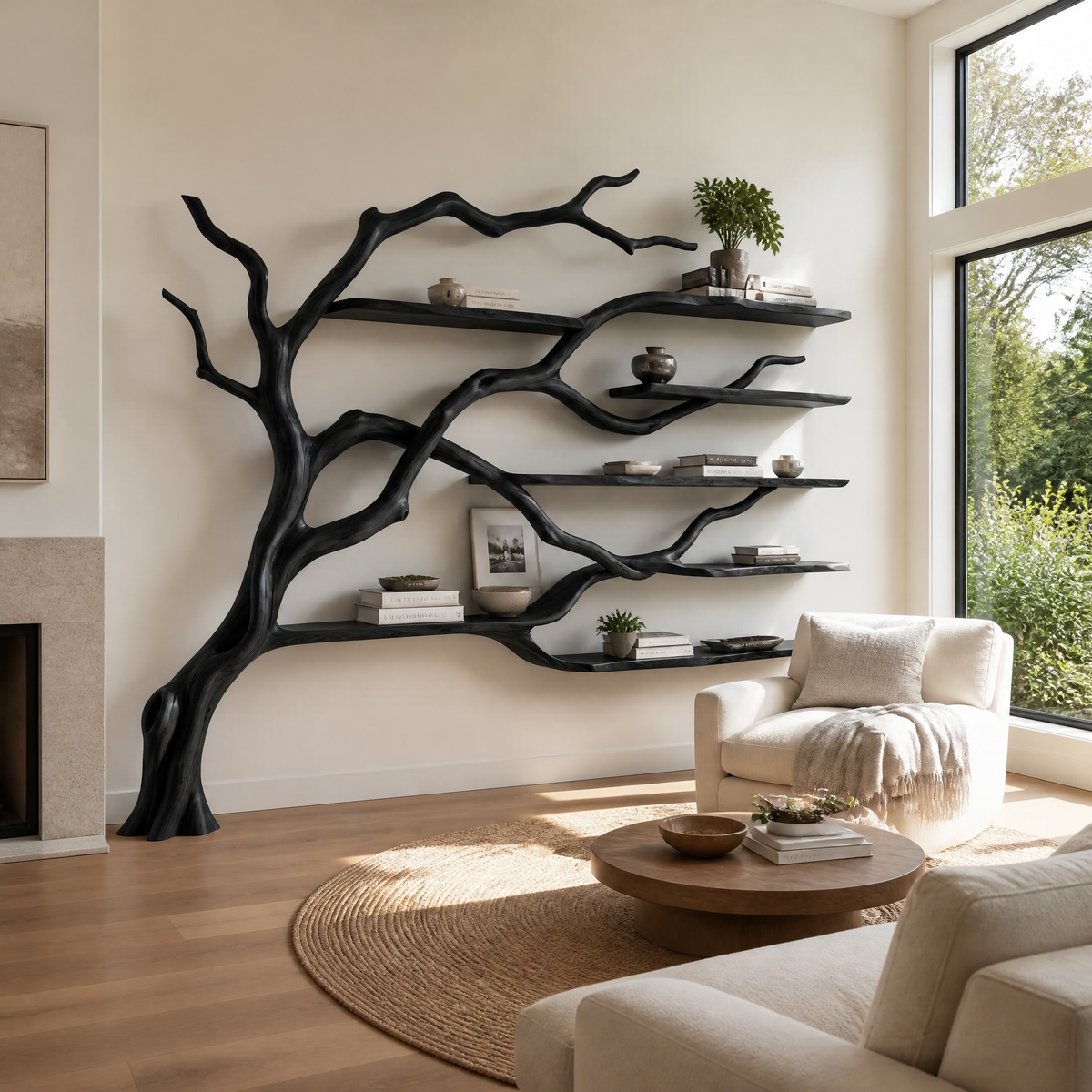 Solid Wood Tree Bookshelf with Wide Sculpted Branch Shelves in Black finish