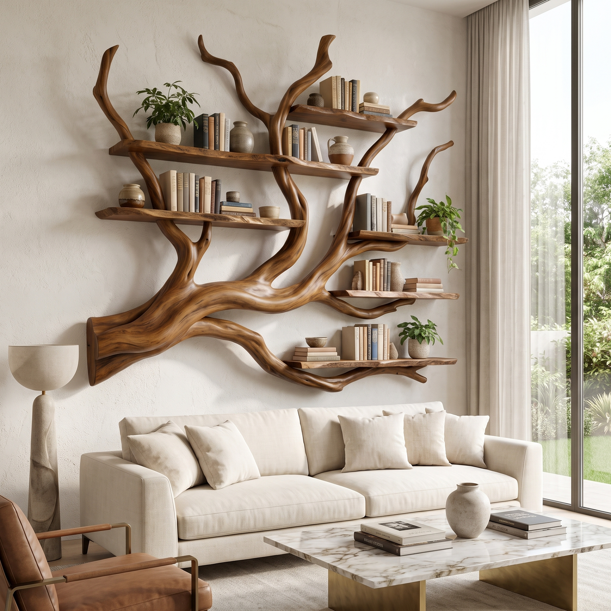 Solid Hardwood Floating Tree Bookshelf with Branching Canopy in Brown finish