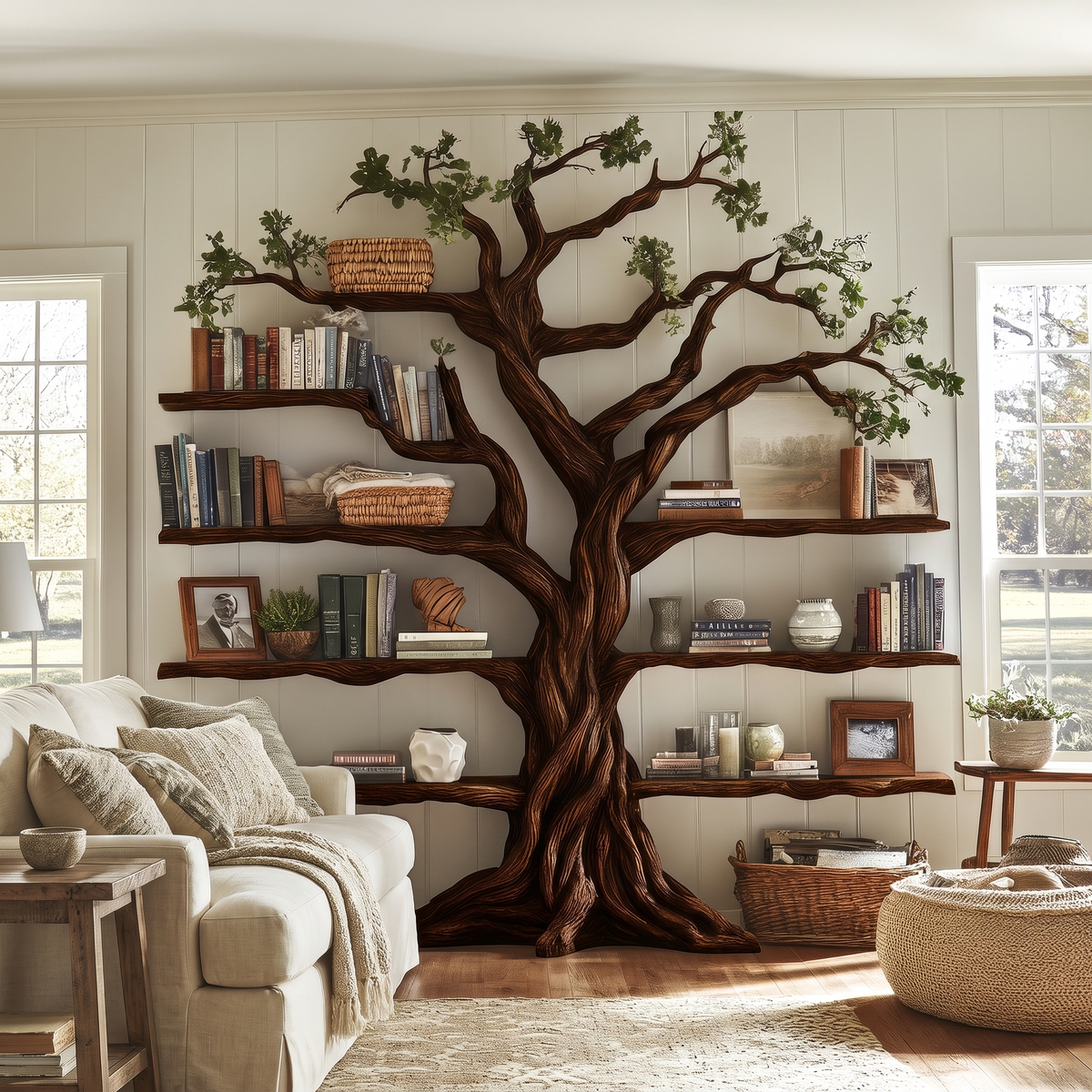 Ancient Tree Solid Hardwood Bookshelf with Bark-Carved Trunk in Dark Walnut finish