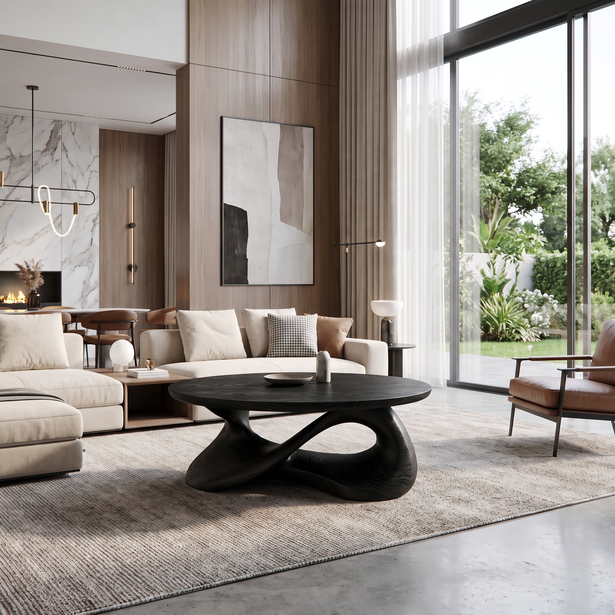 Round Sculpted Solid Wood Coffee Table with Pedestal Base in Black finish