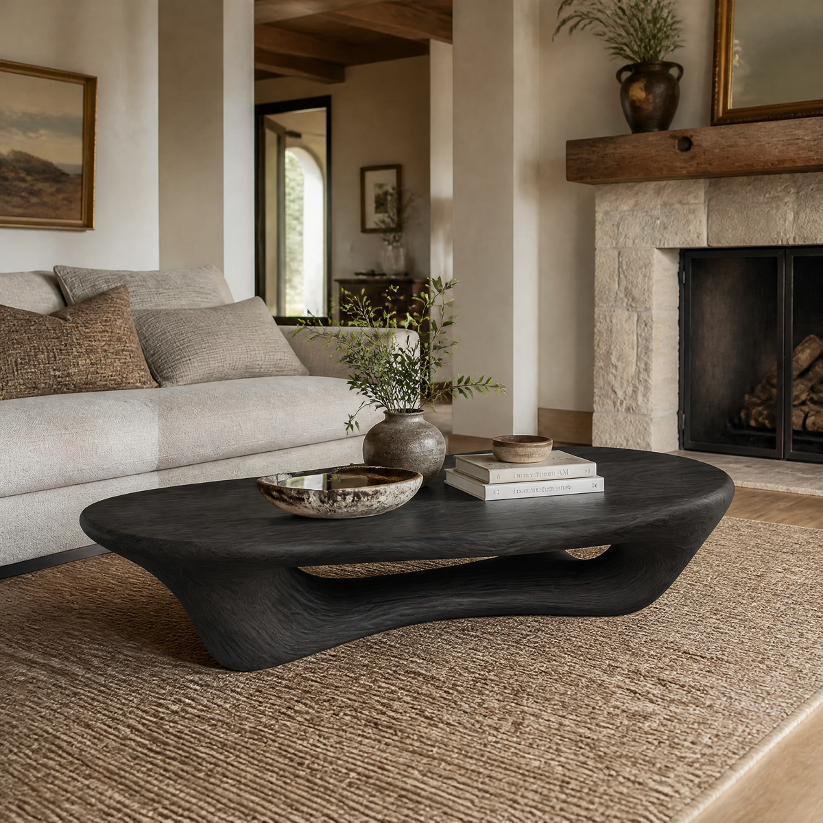 Sculpted Solid Wood Loop Base Coffee Table with Rounded Top in Black finish
