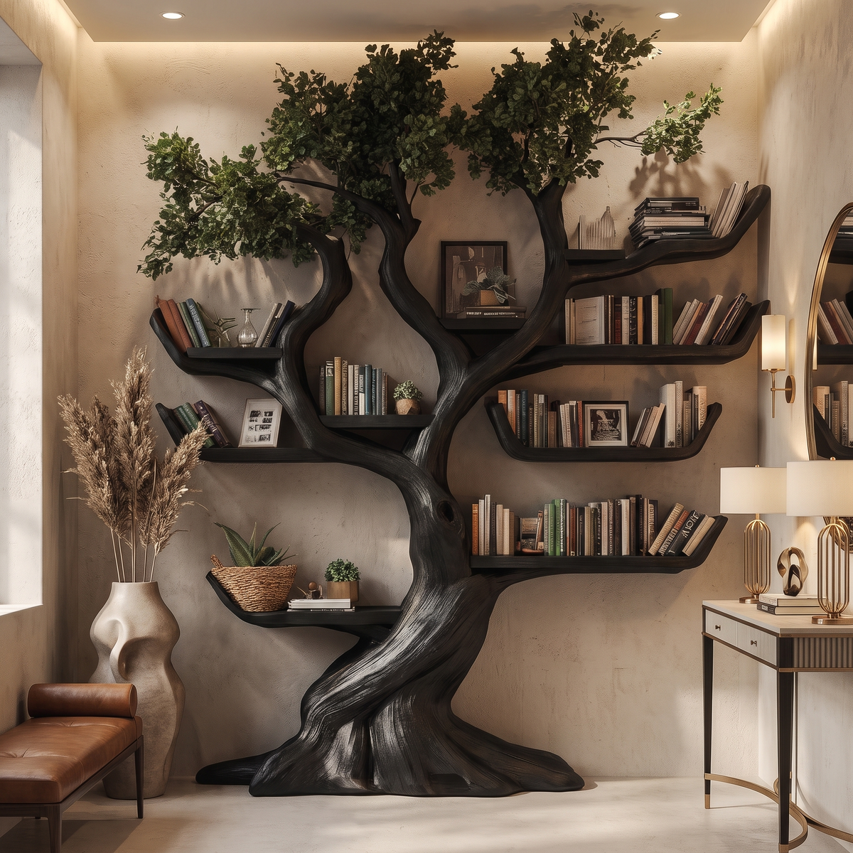 Solid Hardwood Tree Bookshelf with Carved Canopy and Root Base in Black finish