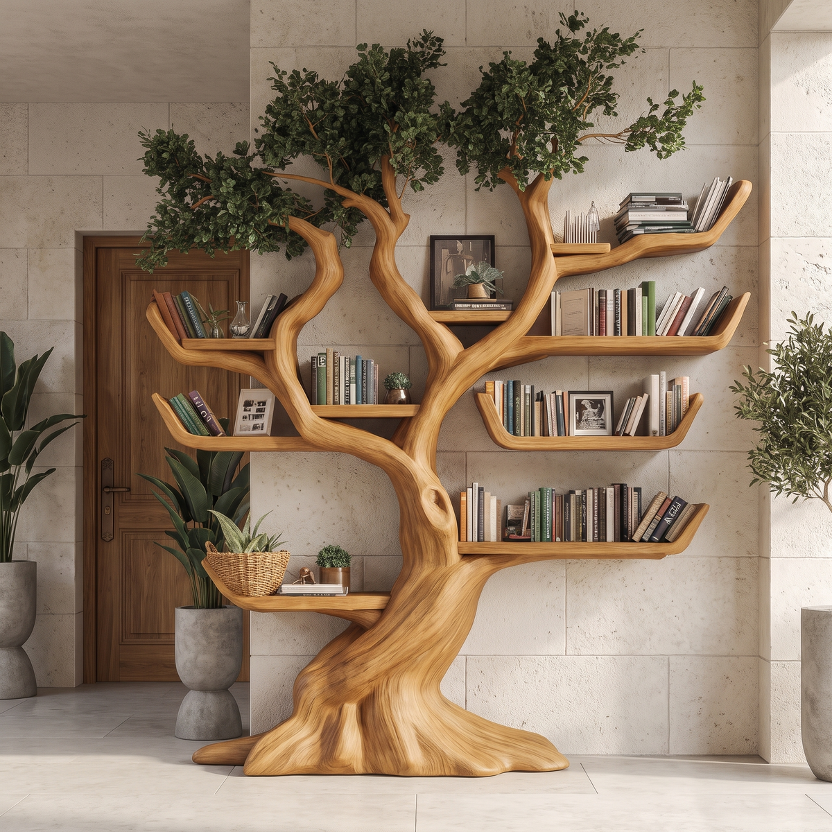 Solid Hardwood Tree Bookshelf with Carved Canopy and Root Base in Teak finish