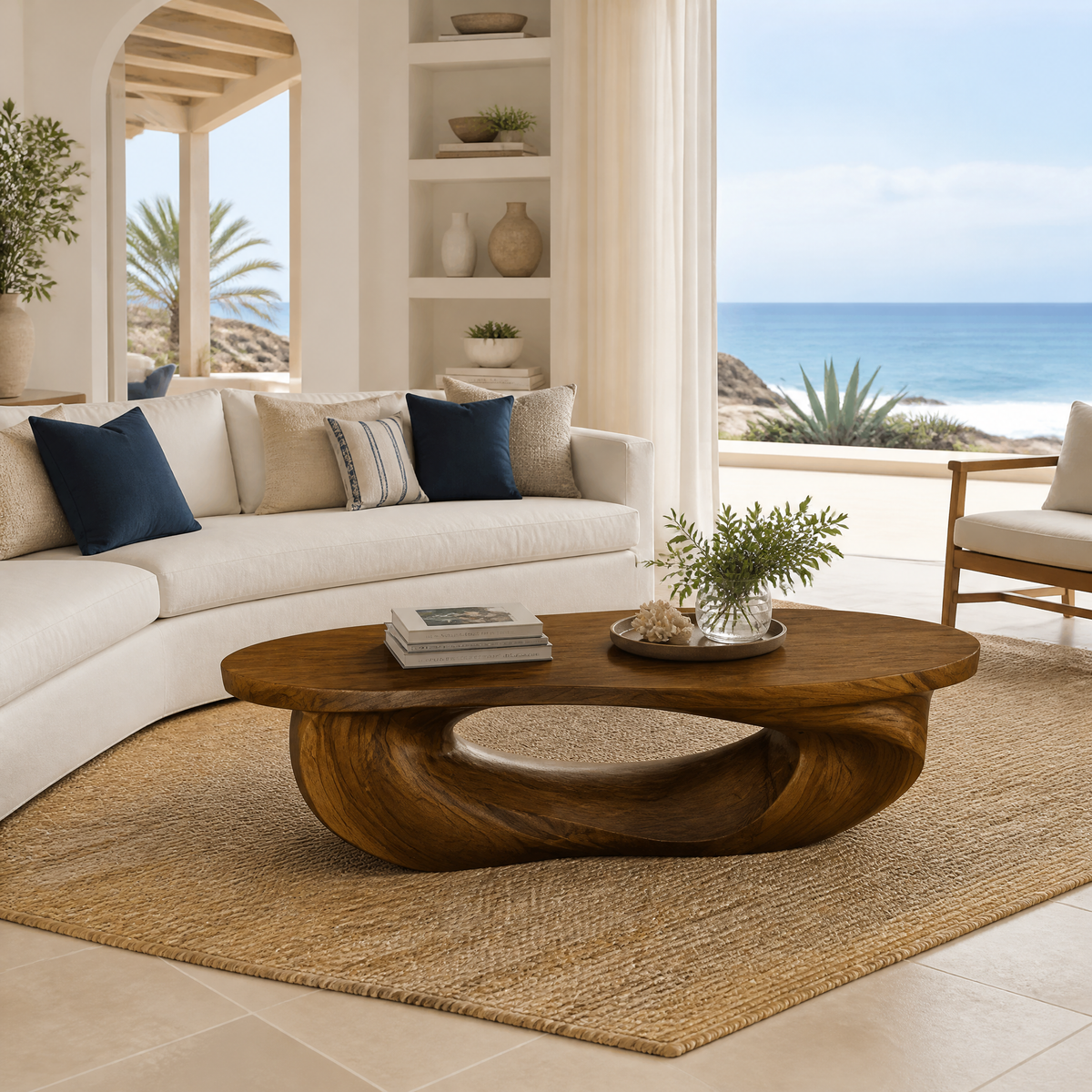 Low Sculpted Wood Coffee Table with Oval Loop Base in Brown finish