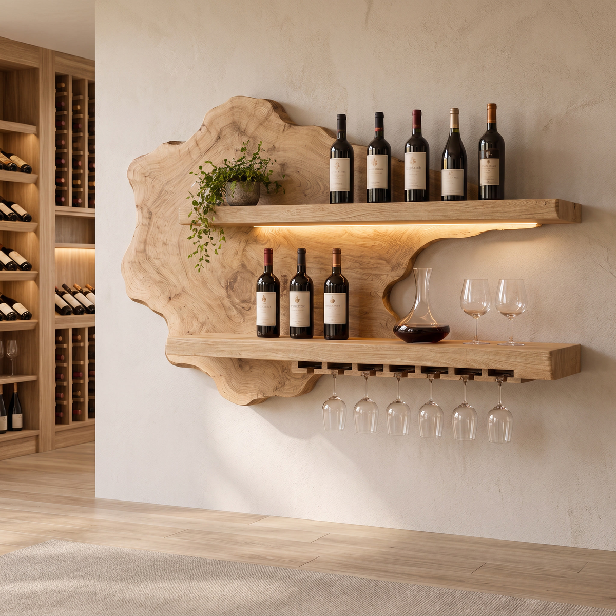 Live Edge Floating Wine Shelf with Back Panel and Stemware Rack in Natural Oak finish