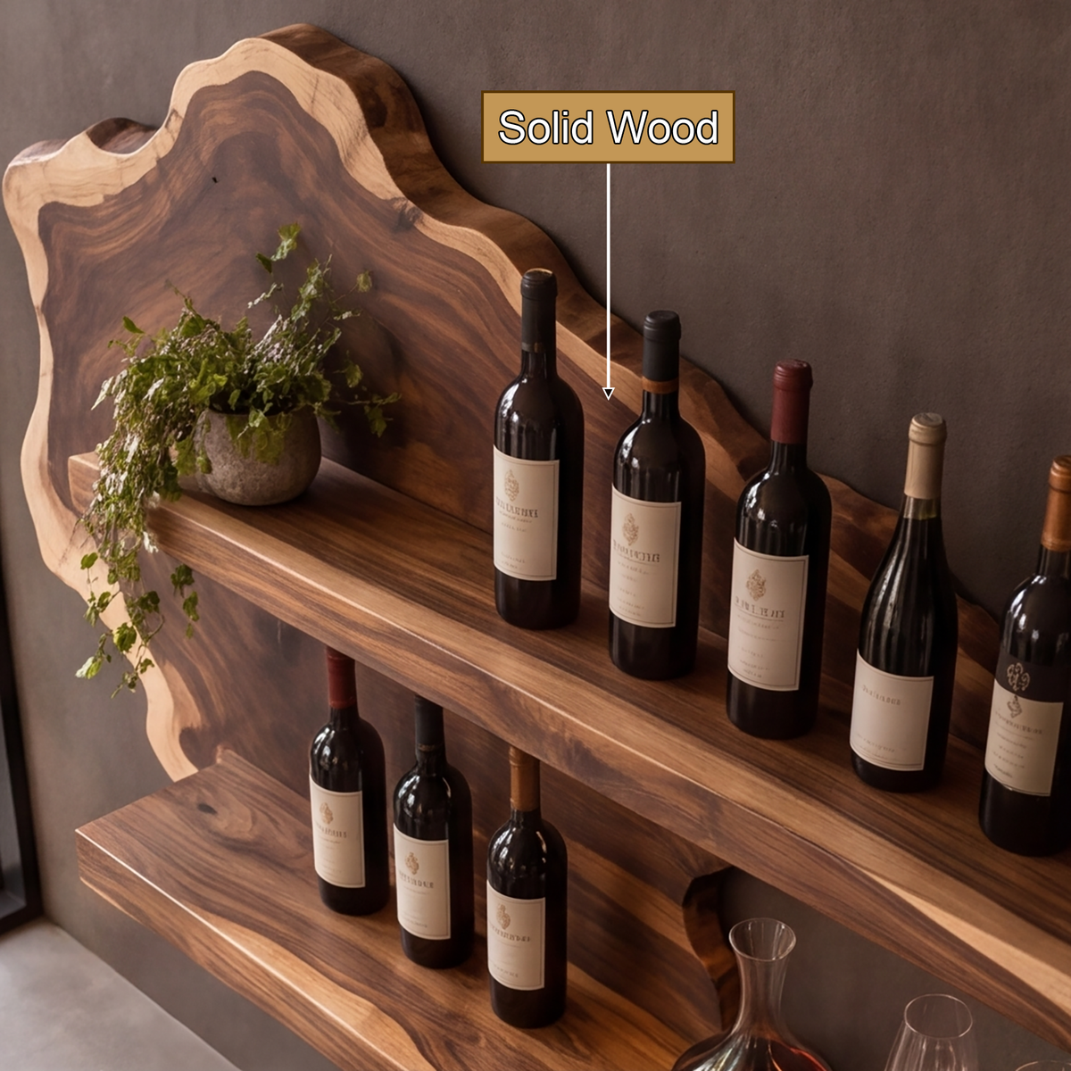 Live Edge Floating Wine Shelf with Back Panel and Stemware Rack - view 11