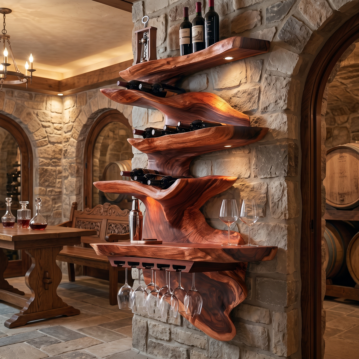 Live Edge Solid Wood Floating Wine Shelf in Stepped Tiers in Mahogany finish