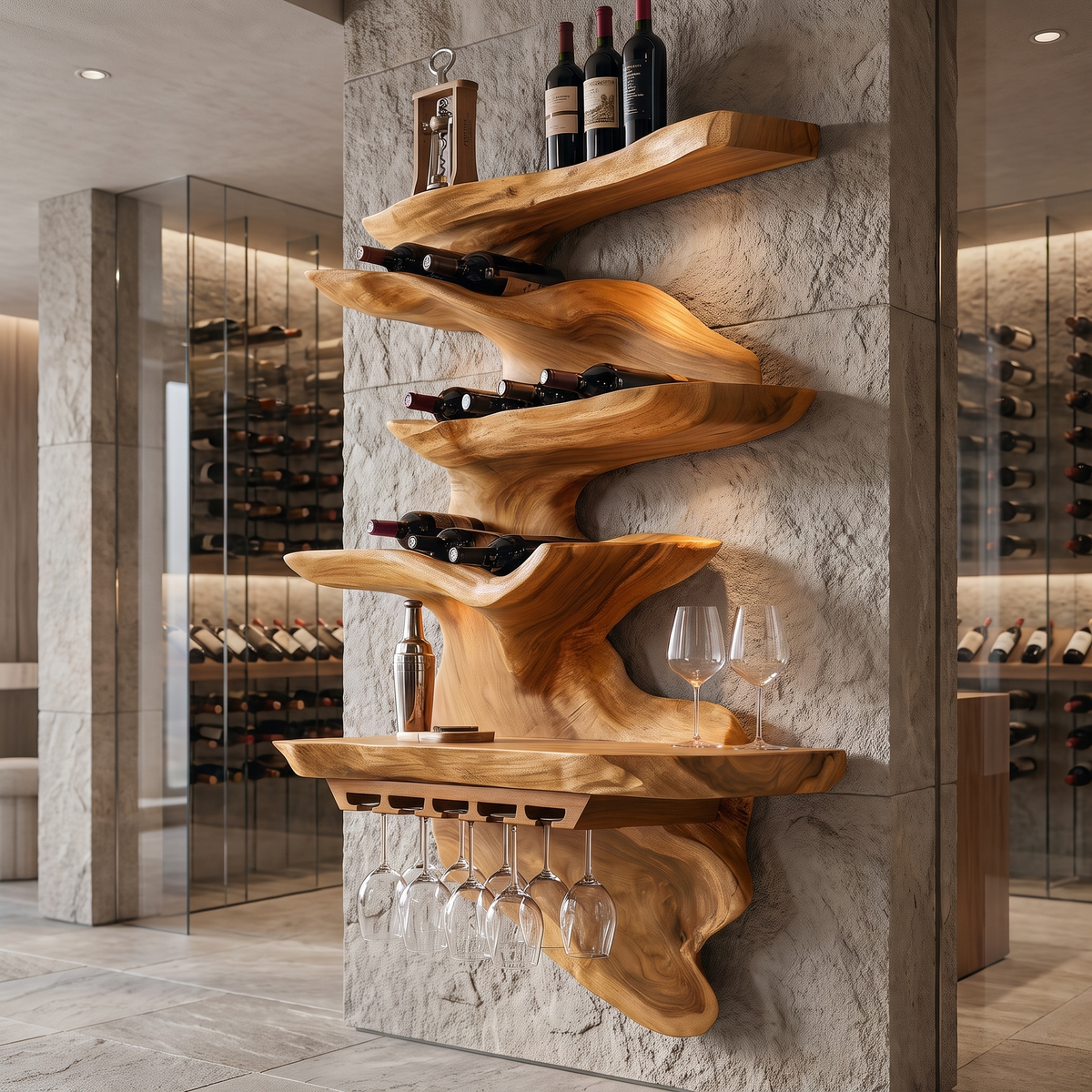 Live Edge Solid Wood Floating Wine Shelf in Stepped Tiers in Teak finish