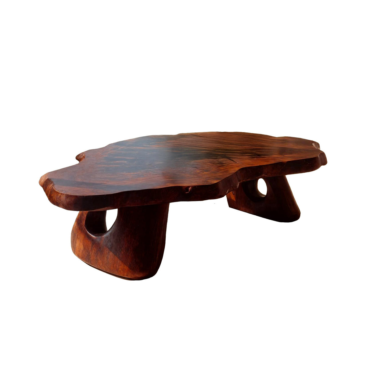 Sculpted Live Edge Coffee Table Carved from a Single Wood Slab in Mahogany finish