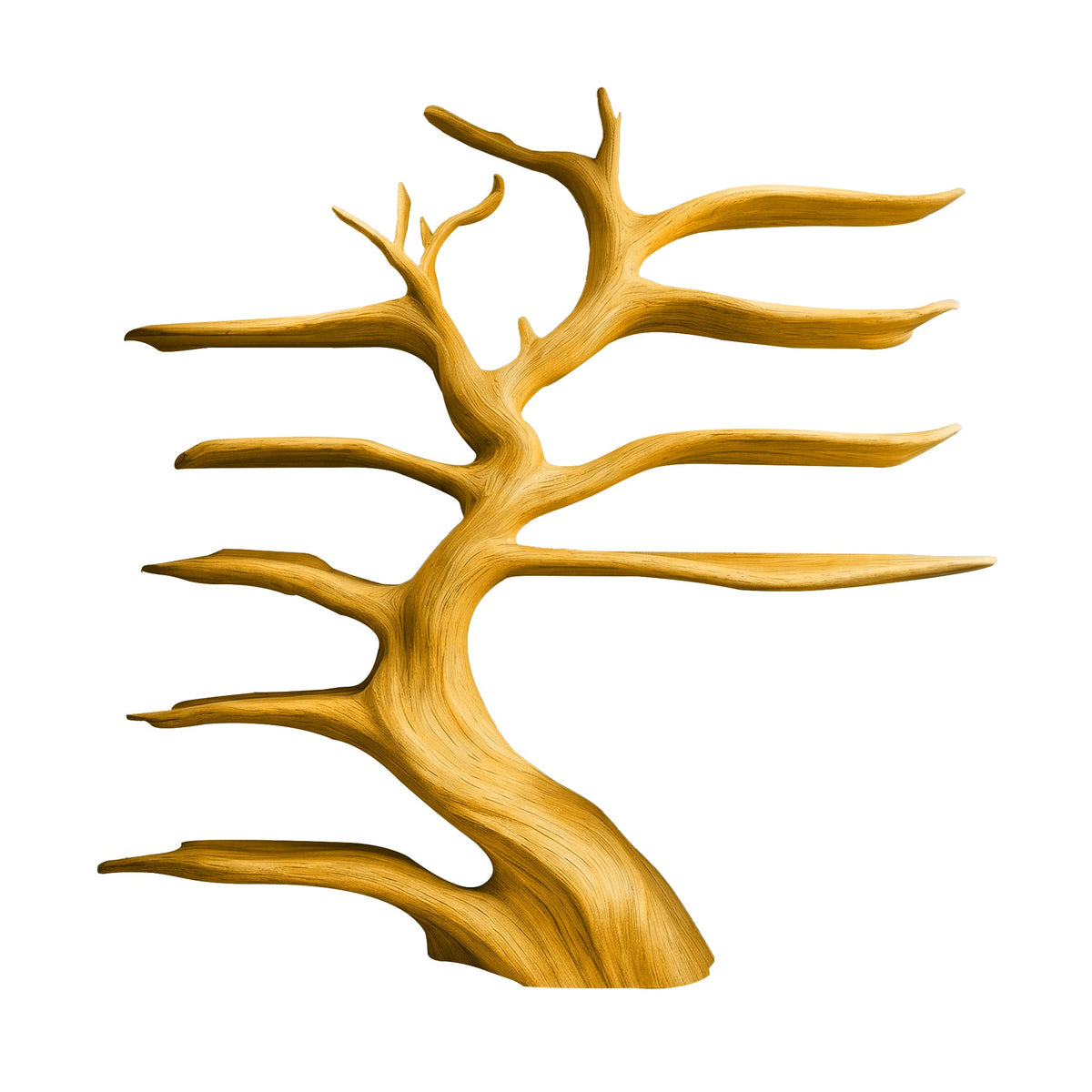 Solid Wood Tree Wine Rack with Integrated LED Backlit Branch Shelves in Teak finish