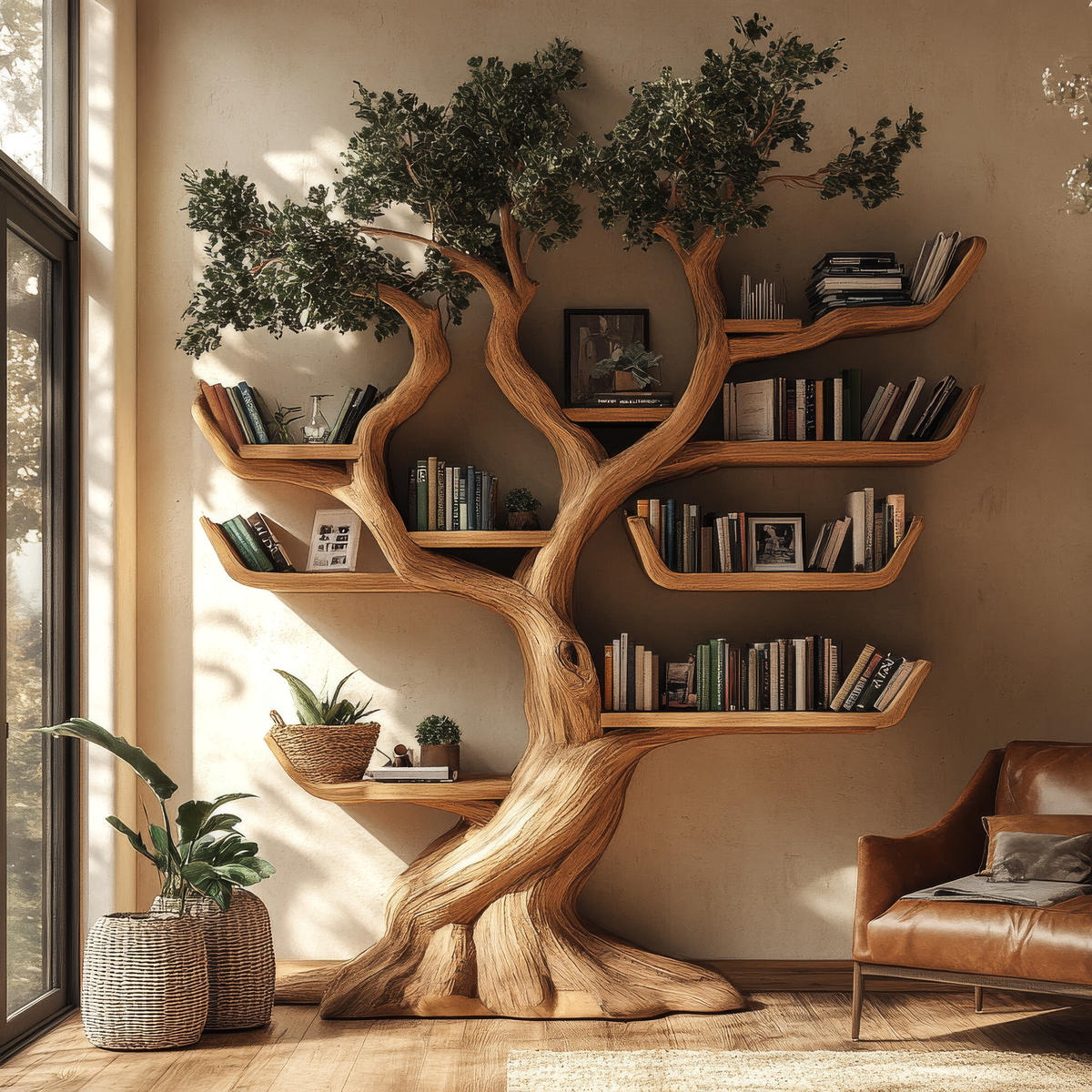Solid Hardwood Tree Bookshelf with Carved Canopy and Root Base
