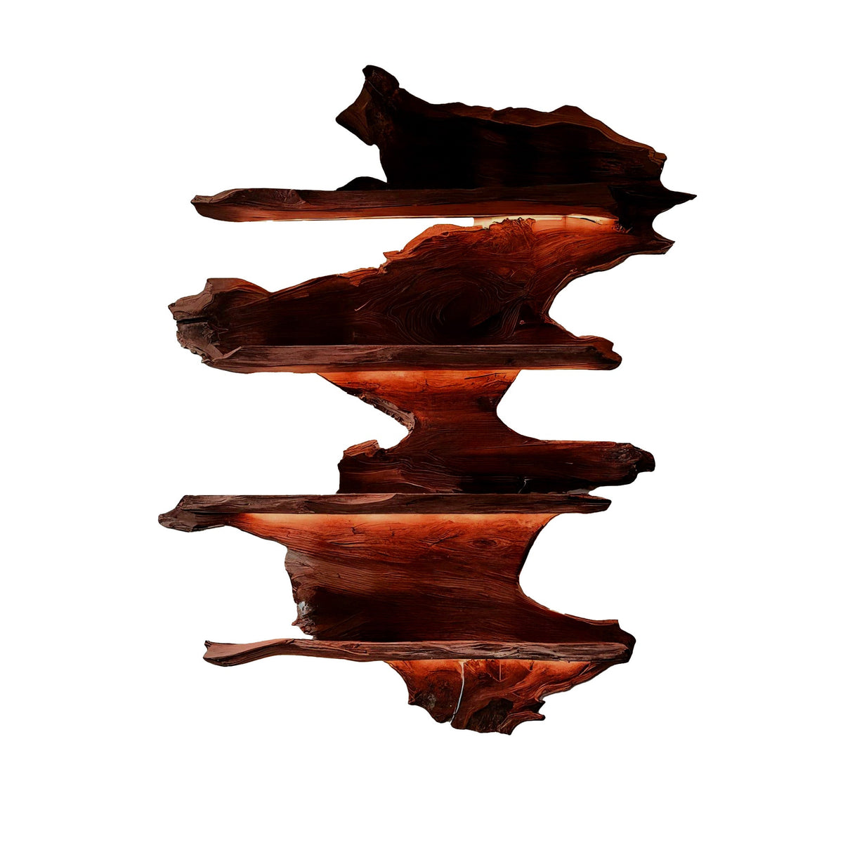 Live Edge Floating Wine Rack with Stacked Solid Slab Tiers in Mahogany finish