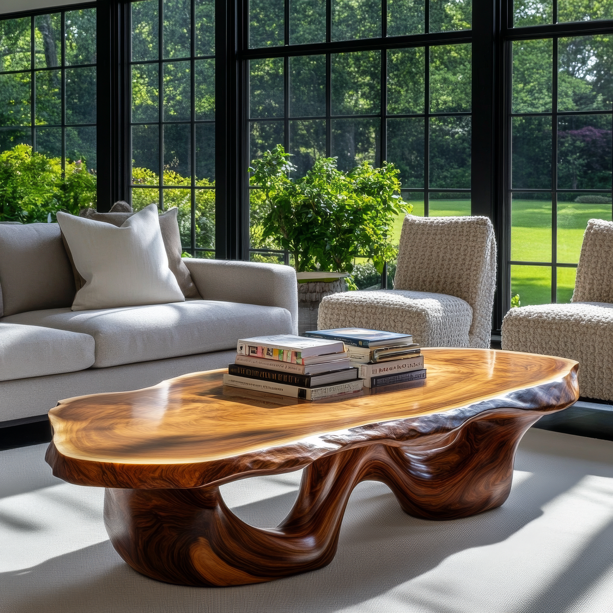 Live Edge Solid Wood Coffee Table with Flowing Pedestal Base