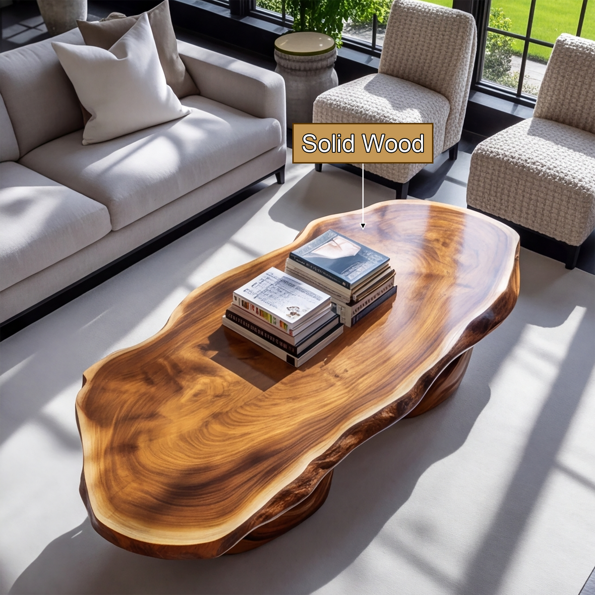 Live Edge Solid Wood Coffee Table with Flowing Pedestal Base - view 10