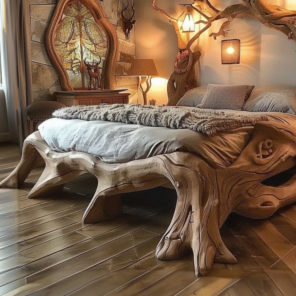 Rustic Solid Wood Bed Frame with Curved Lines, Queen or King - view 3