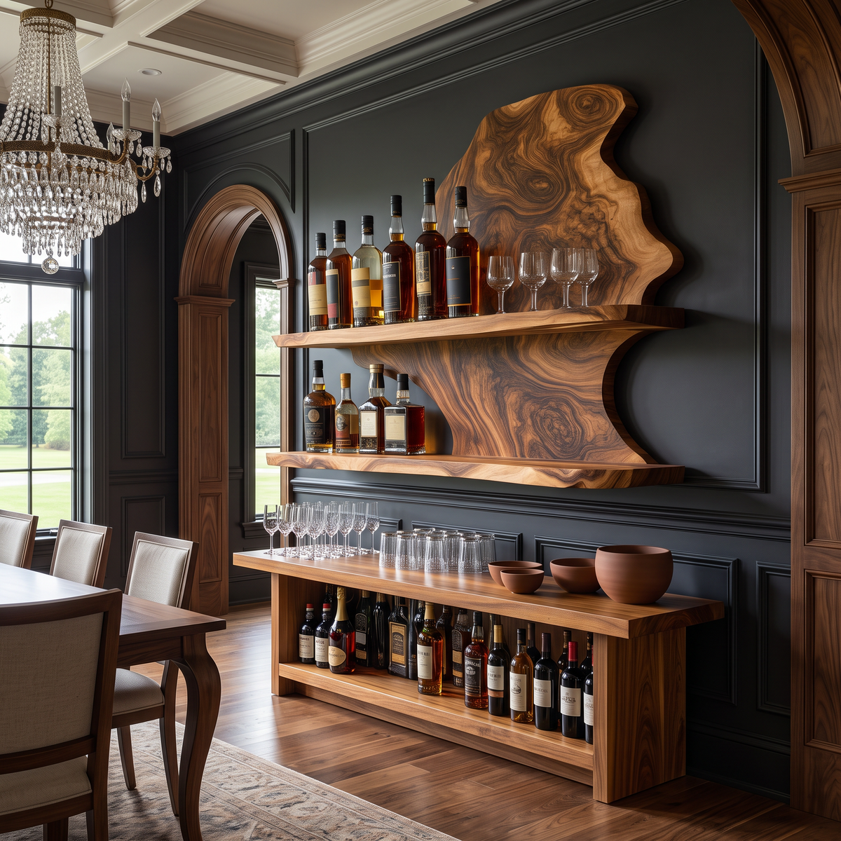 Live Edge Slab Floating Wine Shelf with Two Oversized Ledges in Brown finish