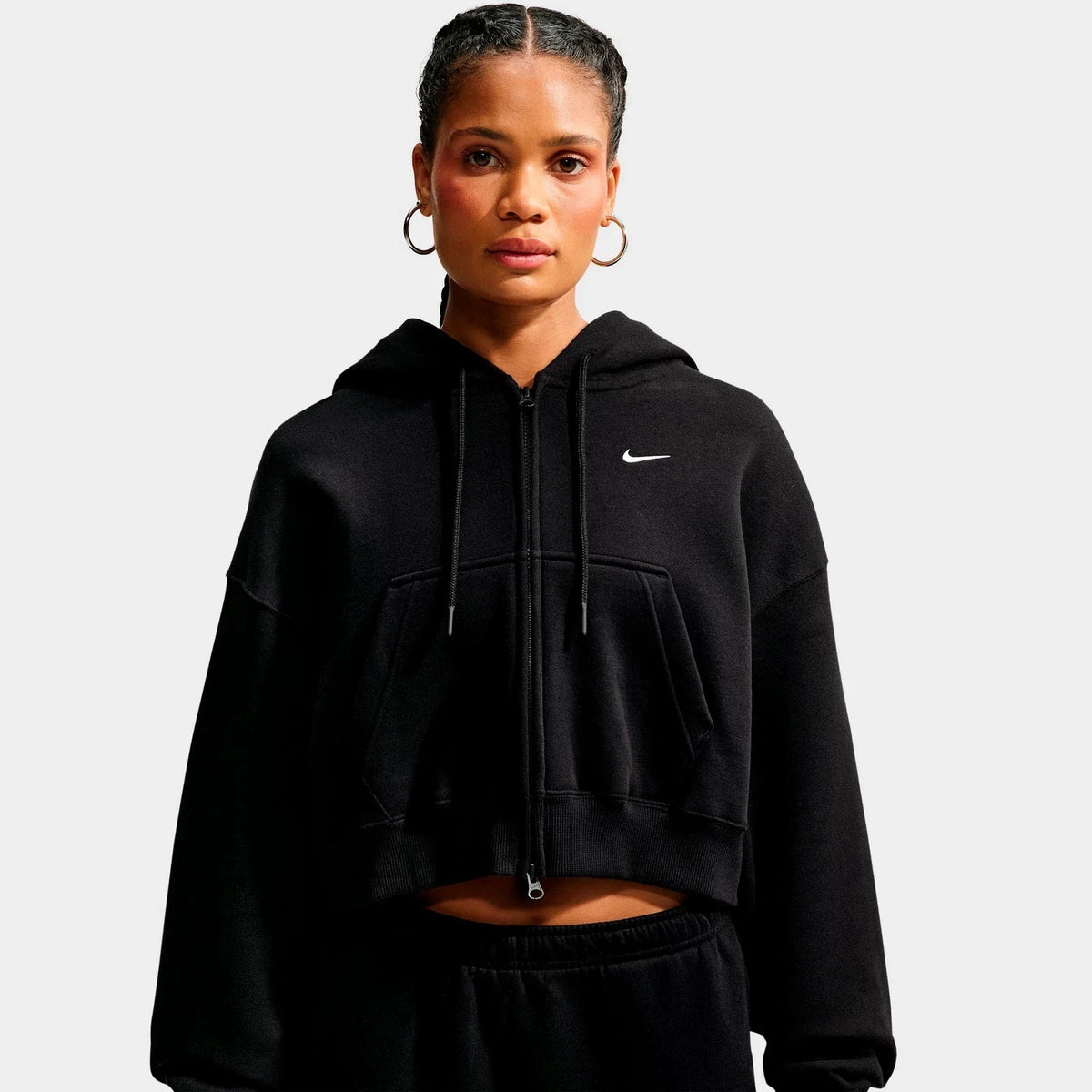 Women's Oversized Cropped Fleece Zip Hoodie - Black