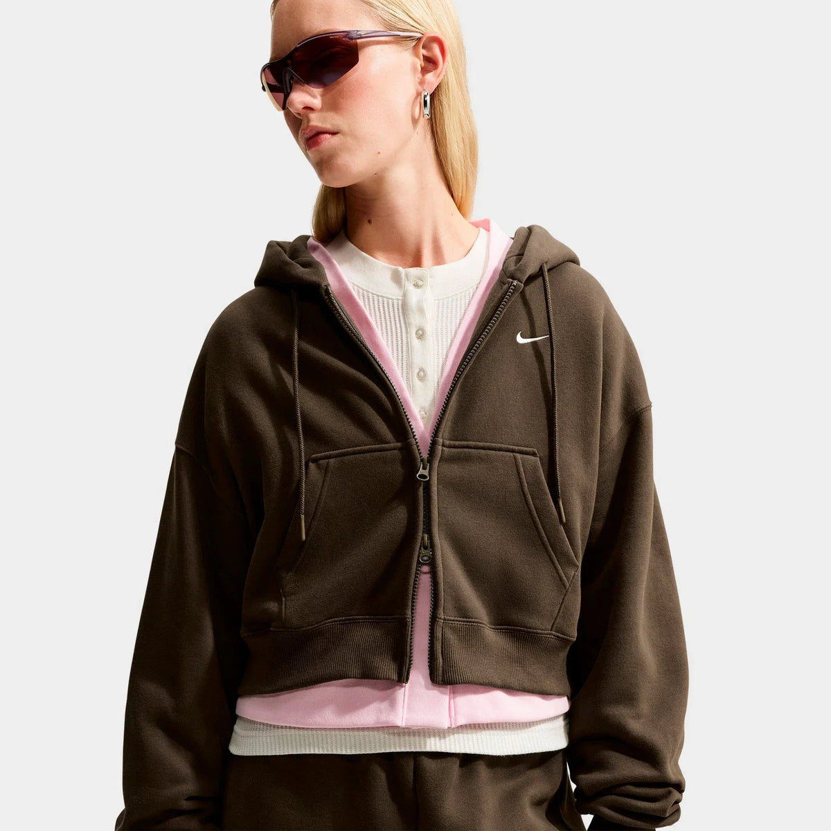 Women's Oversized Cropped Fleece Zip Hoodie - Brown