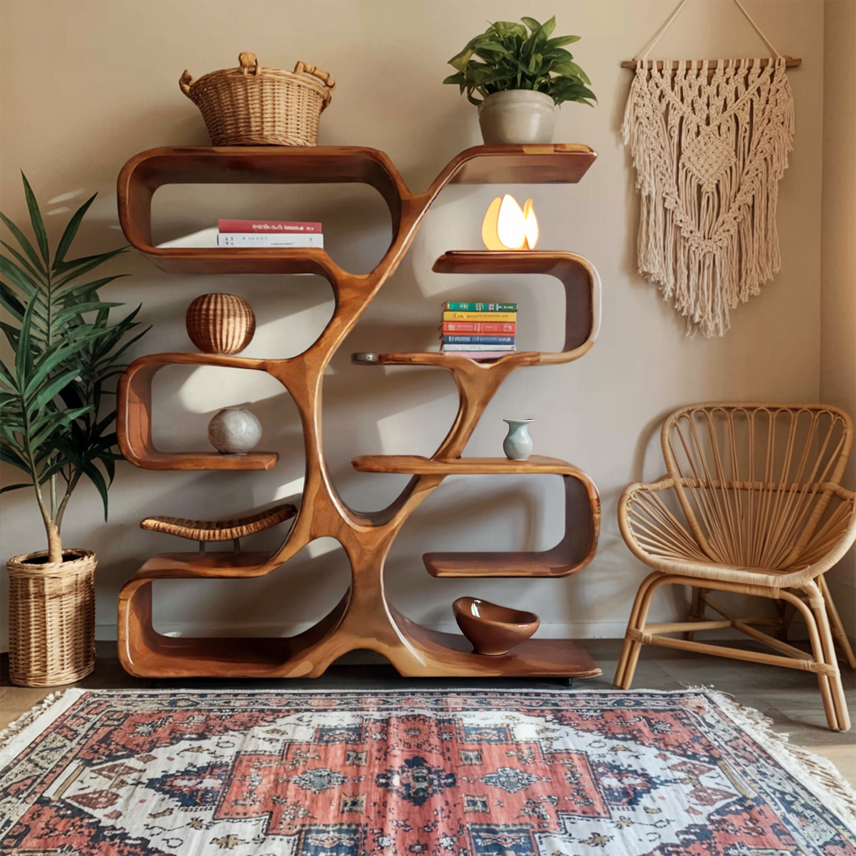 Wall-Mounted Live Edge Bookshelf with Radiating Plank Shelves in Brown finish