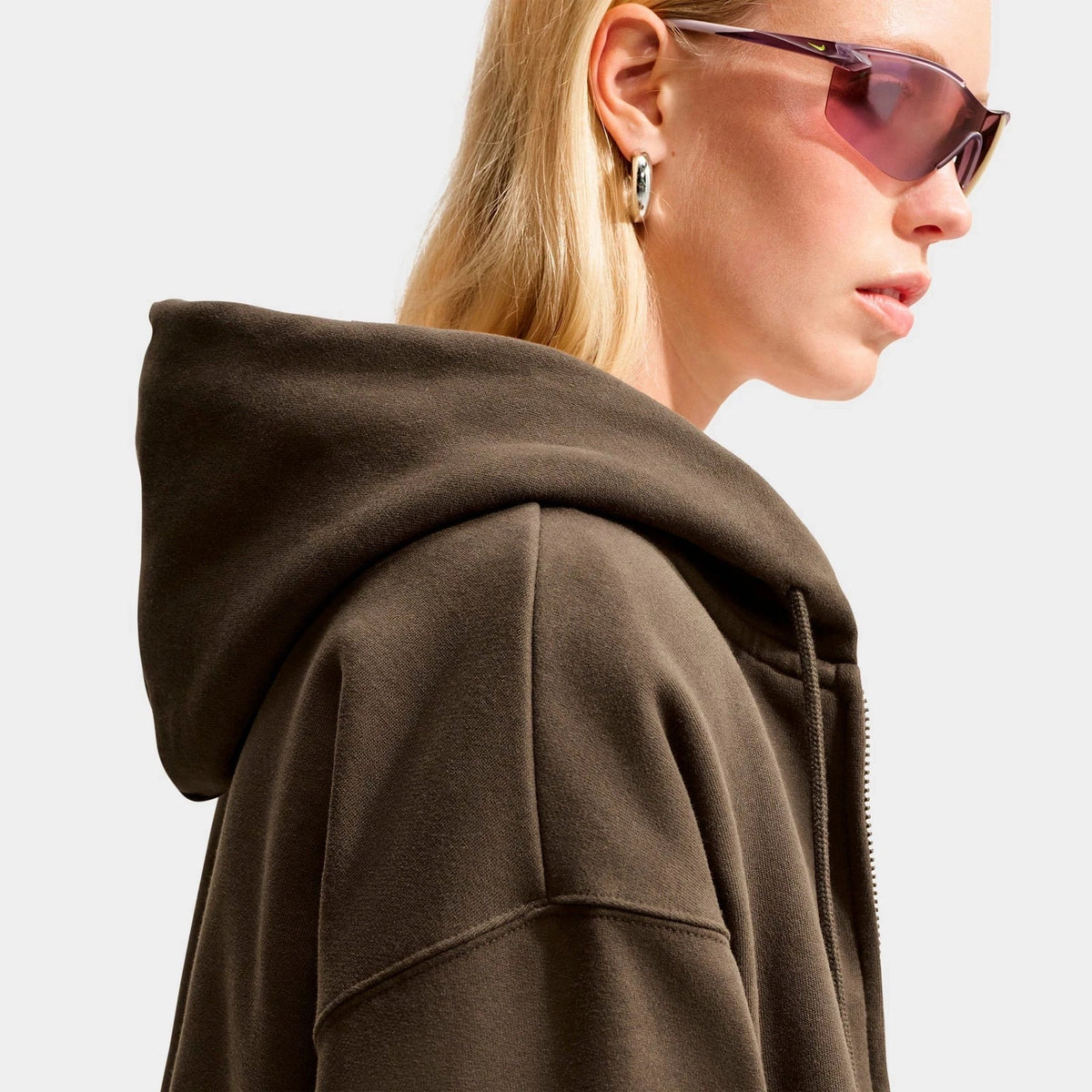 Women's Oversized Cropped Fleece Zip Hoodie - Brown