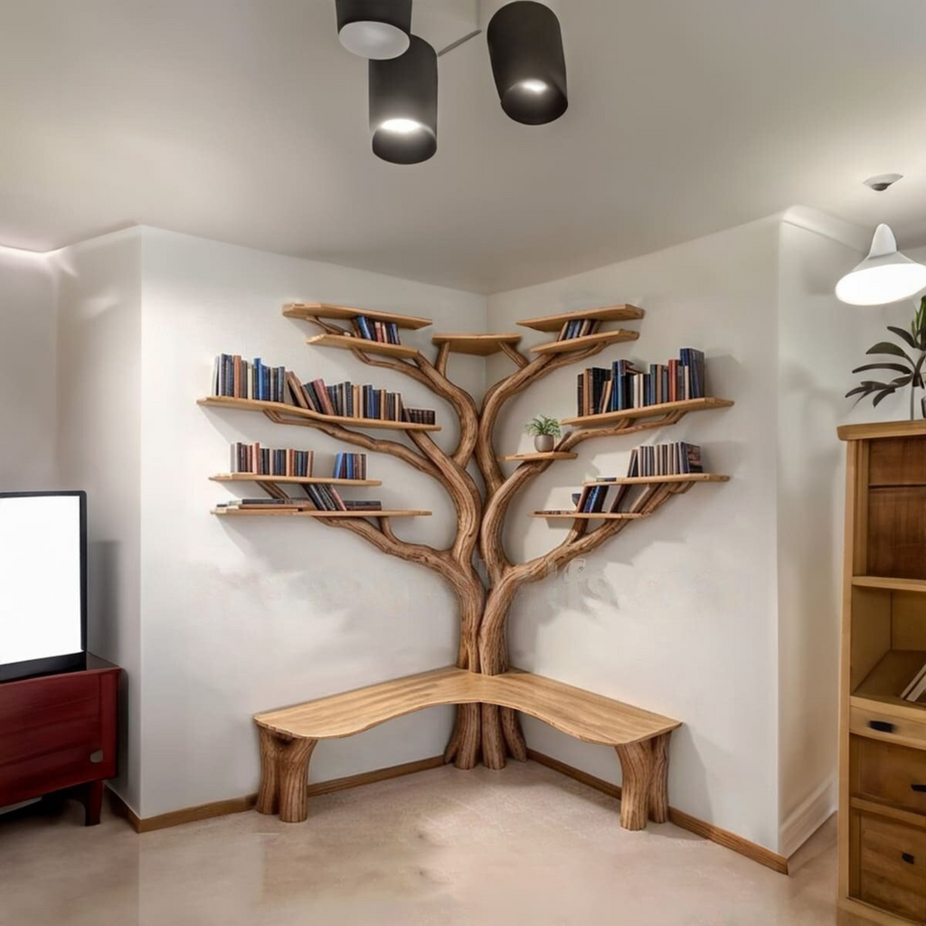 Tree Branch Floating Corner Bookshelf with Optional L-Shaped Bench - view 2