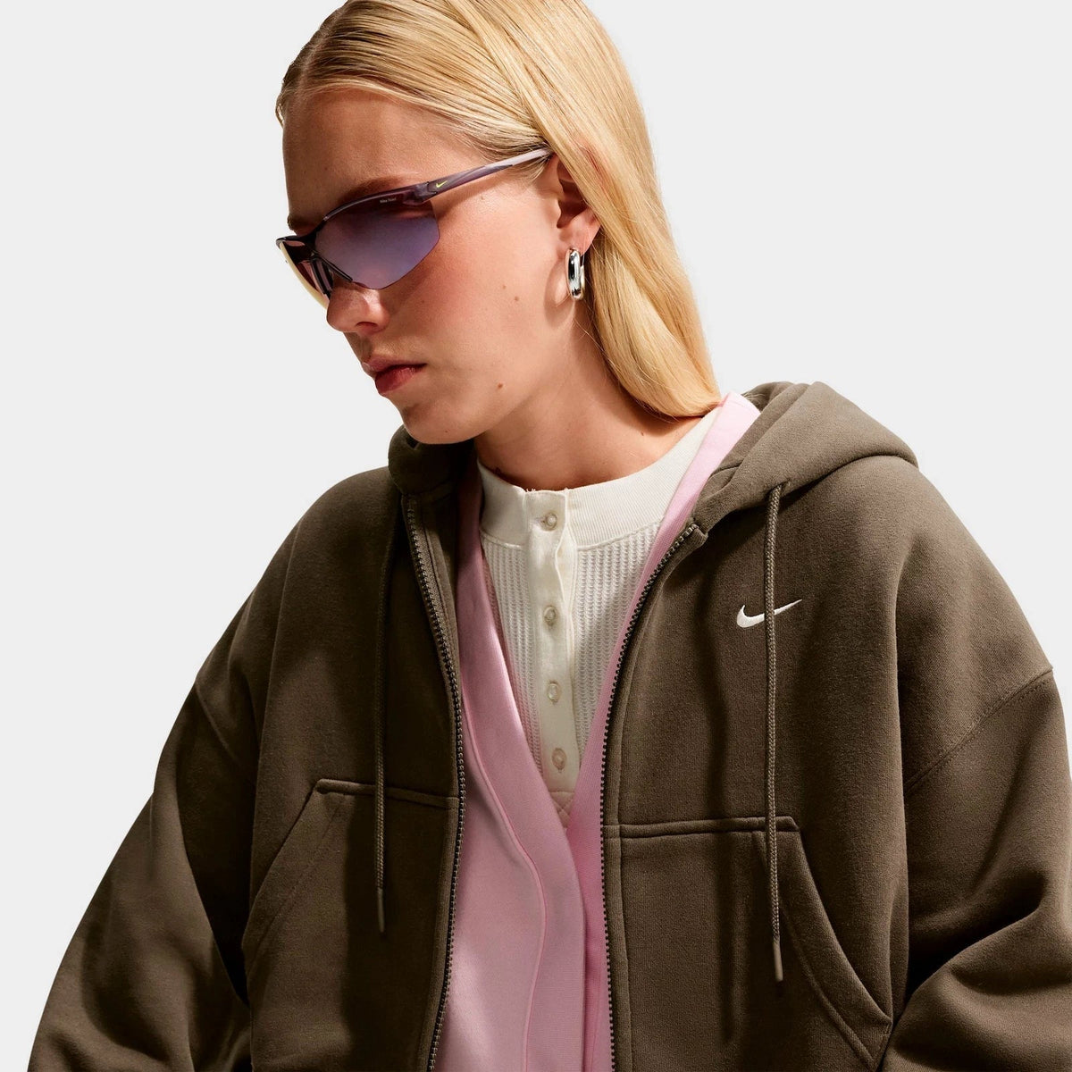 Women's Oversized Cropped Fleece Zip Hoodie - Brown