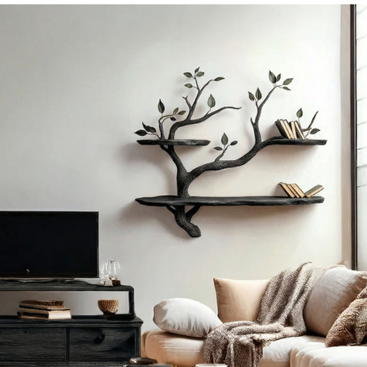 Compact Wood Tree Branch Floating Bookcase for Small Walls in Black finish