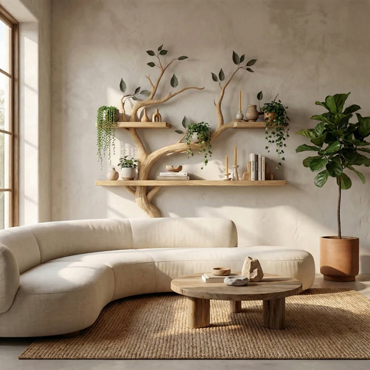 Compact Wood Tree Branch Floating Bookcase for Small Walls in Oak finish