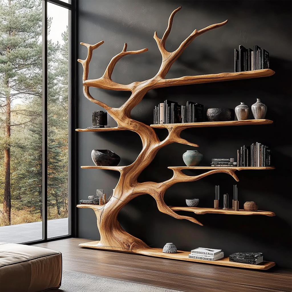 Rustic Tree Branch Bookshelf for Living Room Display