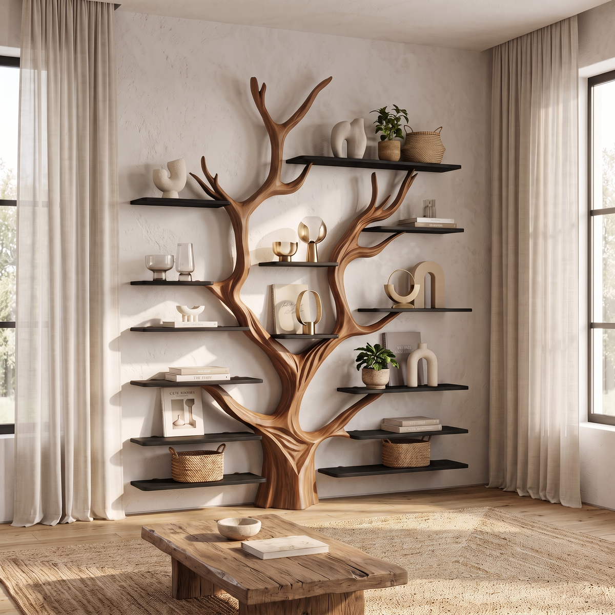 Sculptural Tree-Inspired Wood Bookcase Wall Unit