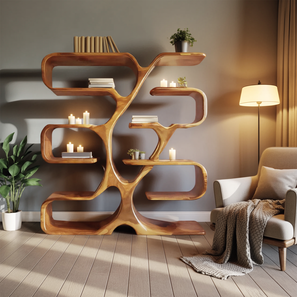 Wall-Mounted Live Edge Bookshelf with Radiating Plank Shelves in Oak finish