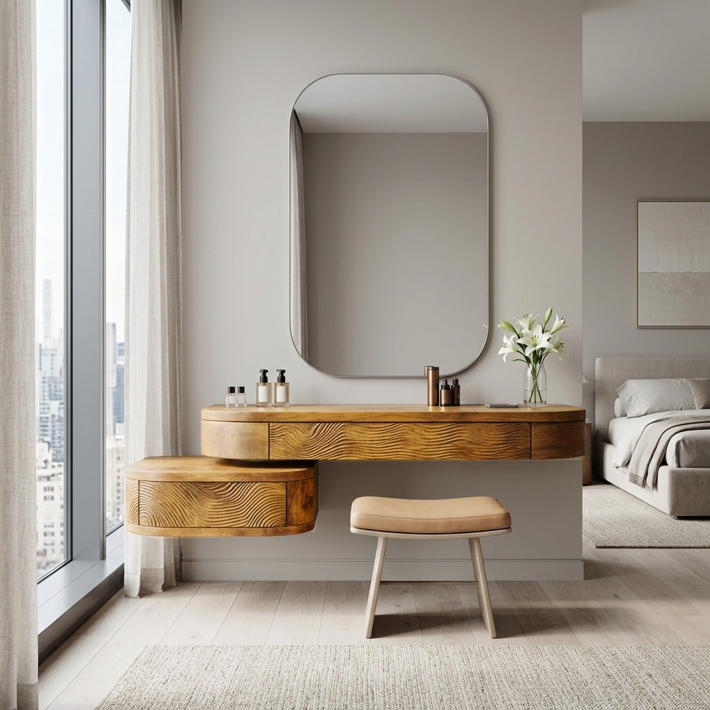 Floating Wall Mounted Vanity Table with Drawers for Bedroom in Oak finish