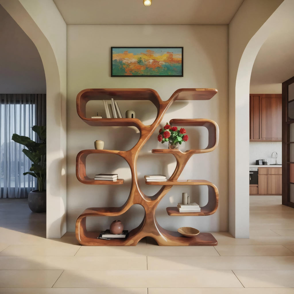 Wall-Mounted Live Edge Bookshelf with Radiating Plank Shelves - view 3