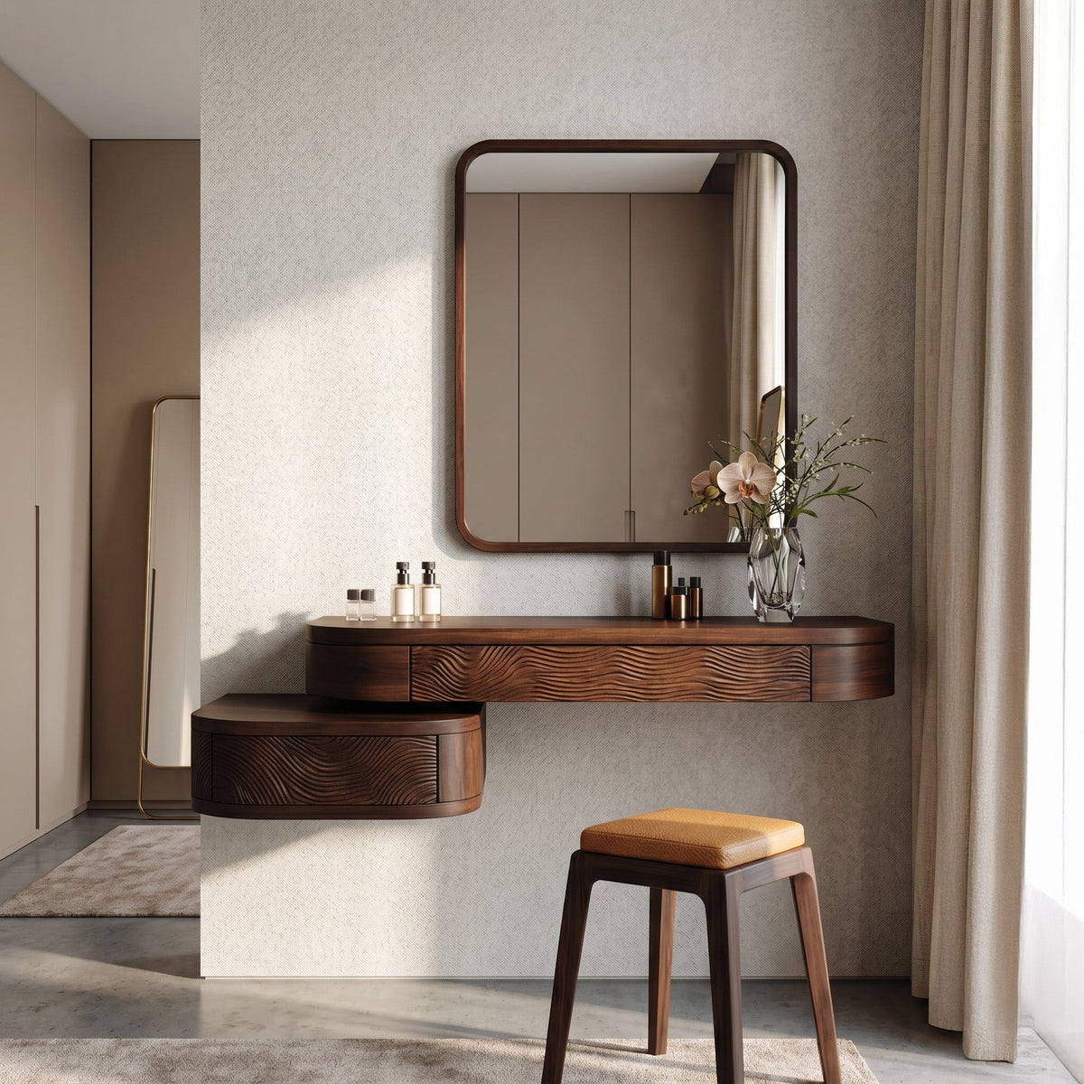 Floating Wall Mounted Vanity Table with Drawers for Bedroom in Walnut finish