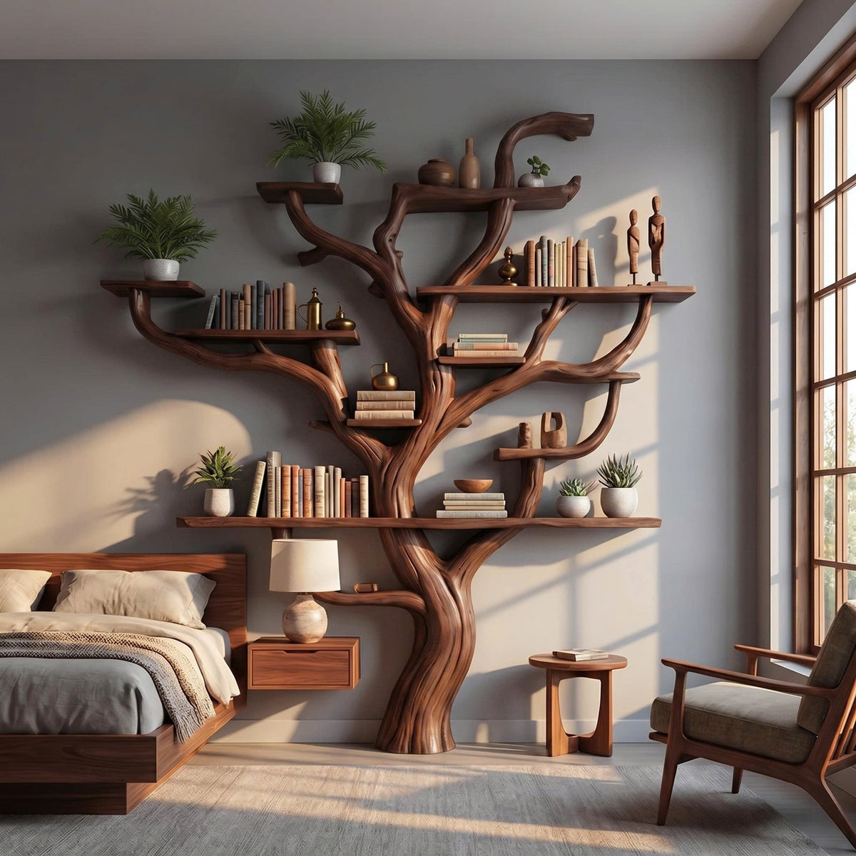 Wall Mounted Tree Branch Corner Bookshelf in Natural Wood in Walnut finish